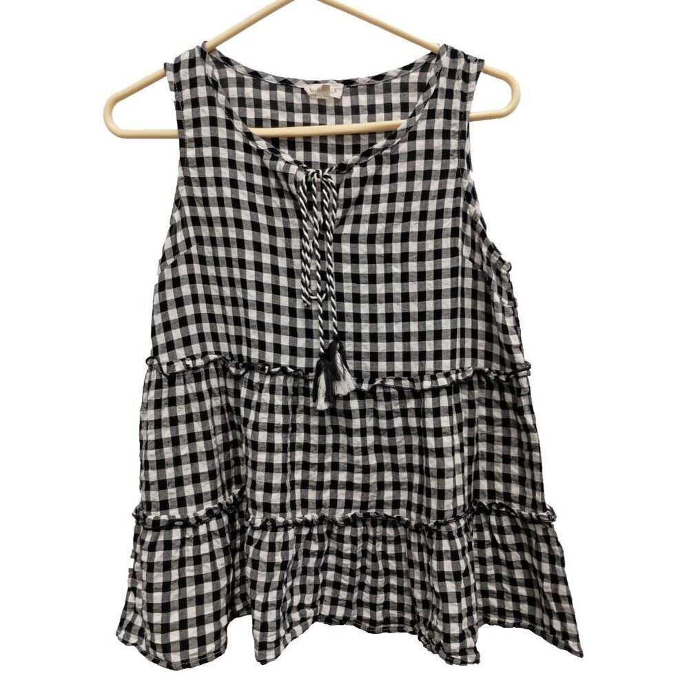 Hem & Thread Womens Sleeveless Top Size Small Black White Plaid BOHO Tiered